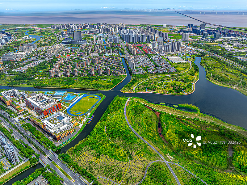 黄日港湿地公园 夏涟河 航拍上海临港海绵城市雨水集疏浚体系 临港新城2025年生态环境经济发展面貌图片素材