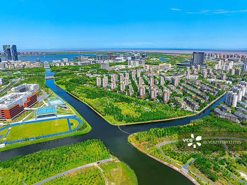 黄日港湿地公园 夏涟河 航拍上海临港海绵城市雨水集疏浚体系 临港新城2025年生态环境经济发展面貌图片素材
