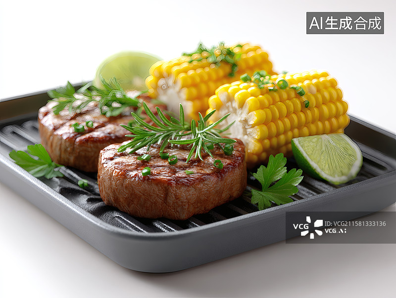 【AI数字艺术】烤盘上的烤肉和玉米图片素材