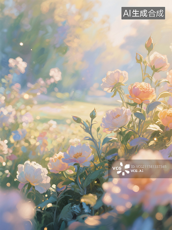 【AI数字艺术】莫奈花园油画，欧风，朦胧美，景色，花朵，柔和的光线图片素材