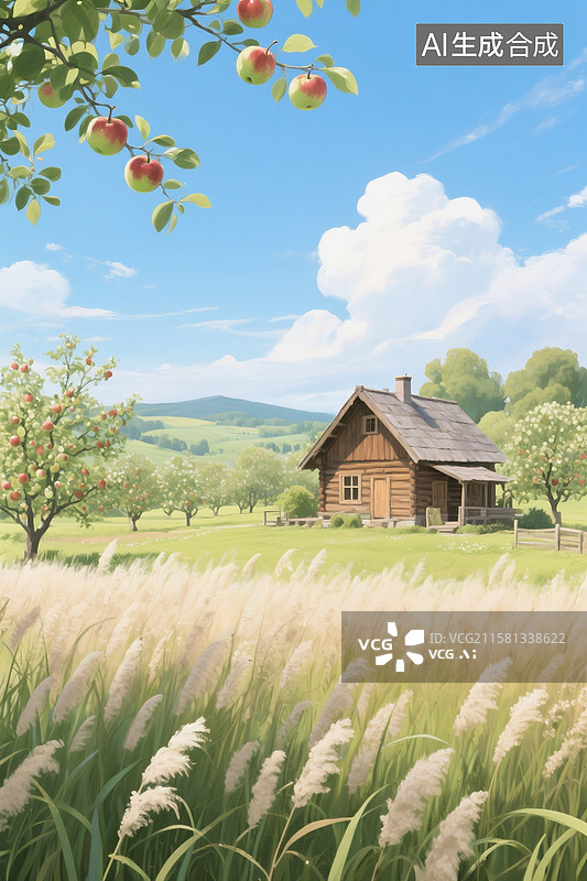 【AI数字艺术】蓝天白云下，苹果园里有一座木屋，周围生长着蒲草，自然风景绘画，远景，清新宜人氛围，田园风格图片素材