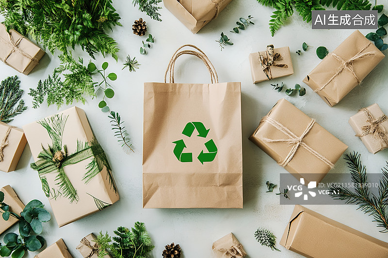 【AI数字艺术】Ins风可回收环保纸袋和循环利用环保概念图片素材