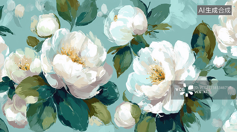 【AI数字艺术】白色花朵与绿叶的艺术插画图片素材