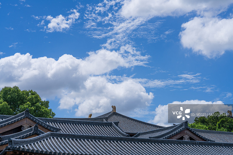 古建筑屋顶上的蓝天白云图片素材