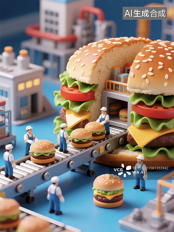 【AI数字艺术】汉堡包工厂流水线后厨制作快餐图片素材