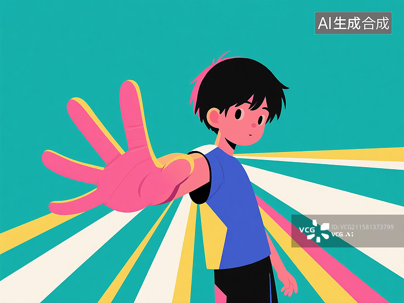 【AI数字艺术】多巴胺配色短发男孩站立挥手扁平插画图片素材