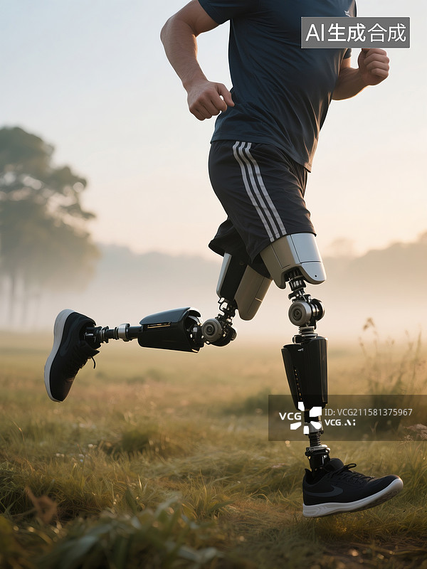 【AI数字艺术】清晨操场上残疾人机械腿跑步特写图片素材