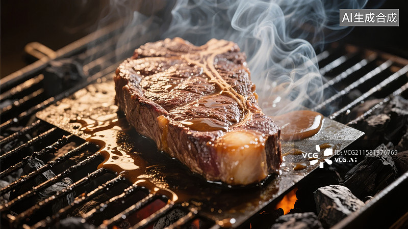 【AI数字艺术】烟熏牛排在烤架上烹饪图片素材
