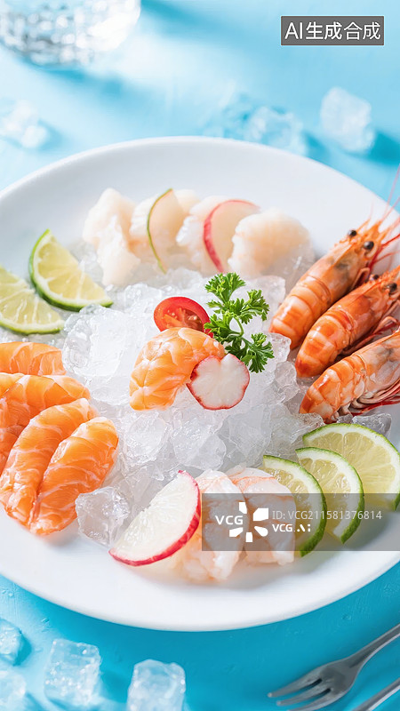 【AI数字艺术】冰镇海鲜拼盘，包含虾、三文鱼和青柠图片素材