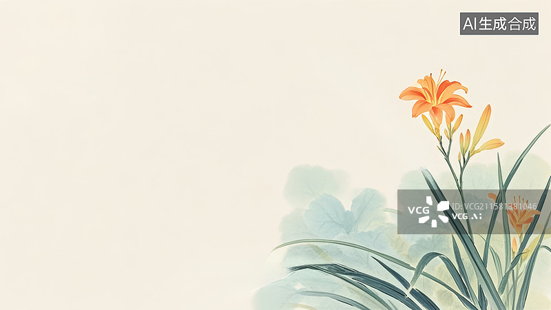 【AI数字艺术】装饰边框水墨画背景，一丛萱草花百合花，左下图片素材