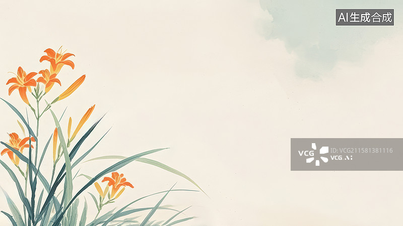 【AI数字艺术】装饰边框水墨画背景，一丛萱草花百合花，左下图片素材
