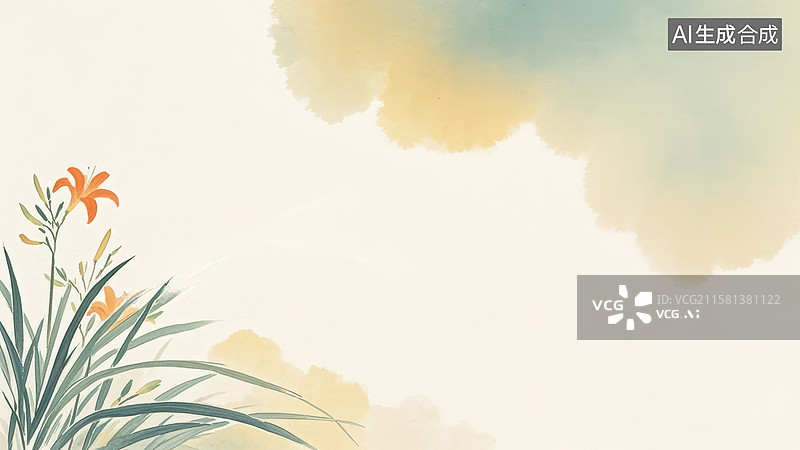 【AI数字艺术】装饰边框水墨画背景，一丛萱草花百合花，左下图片素材