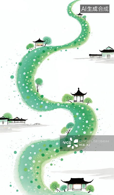 【AI数字艺术】山间的传统古风建筑水墨画图片素材