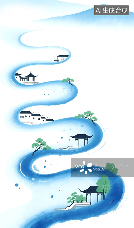 【AI数字艺术】山间的传统古风建筑水墨画图片素材