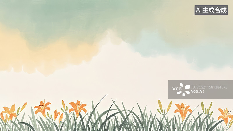 【AI数字艺术】装饰边框水墨画背景，一丛萱草花百合花，居下图片素材