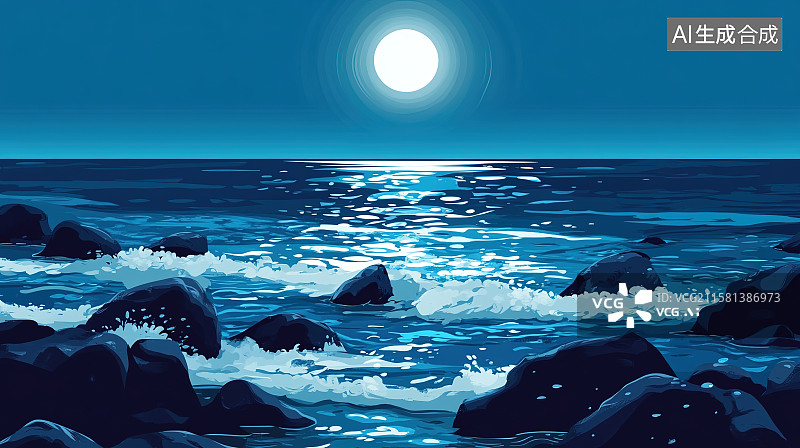 【AI数字艺术】扁平简约风格月光下的海边海浪礁石自然风景蓝色背景插画图片素材