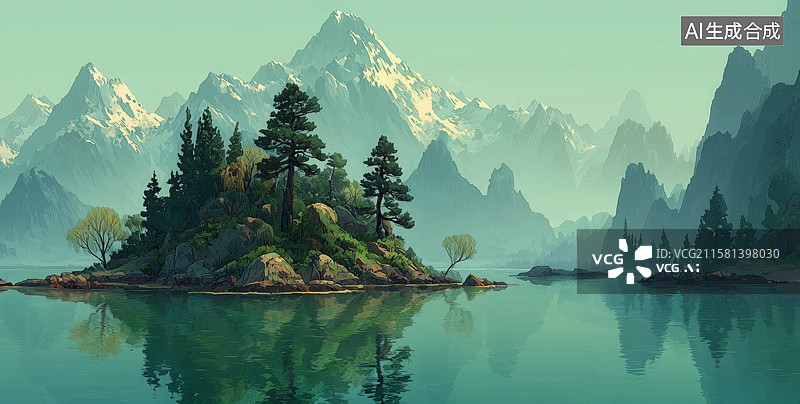 【AI数字艺术】山水岛屿插画图片素材