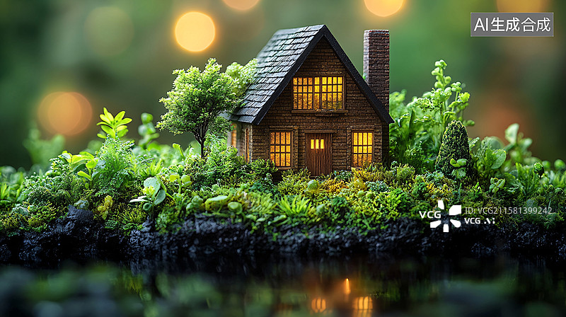 【AI数字艺术】湖畔绿植中的温馨小屋图片素材