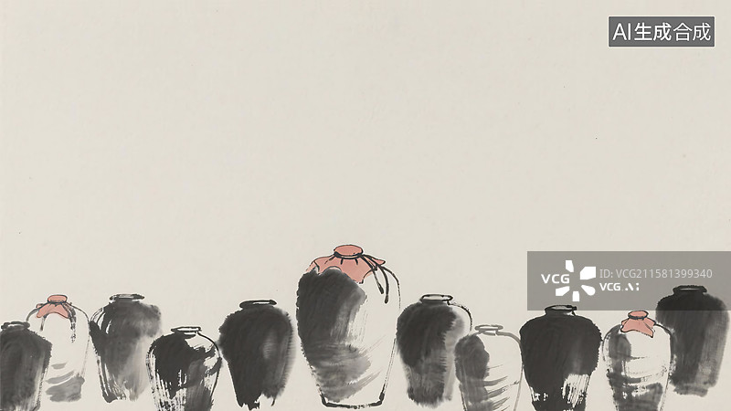 【AI数字艺术】水墨画酒坛背景居下图片素材