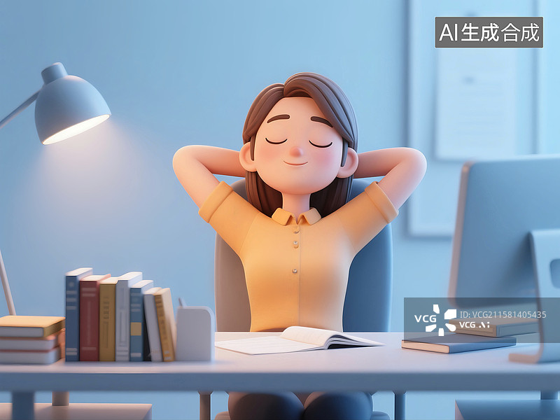 【AI数字艺术】3D立体三维C4D公司企业办公室女性员工闭眼休息休闲放松午睡图片素材