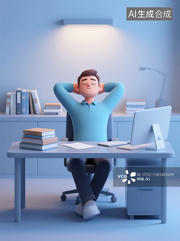 【AI数字艺术】3D立体三维C4D公司企业办公室男性员工闭眼休息休闲放松午睡图片素材