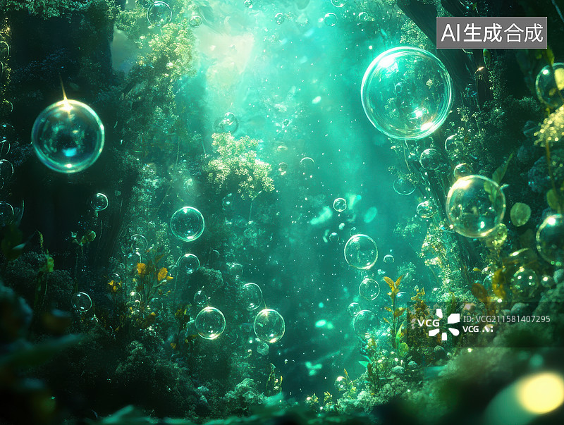 【AI数字艺术】水下泡泡森林的神秘光芒图片素材