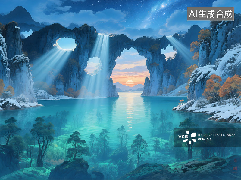 【AI数字艺术】丁达尔光穿透云层洒落在水面图片素材