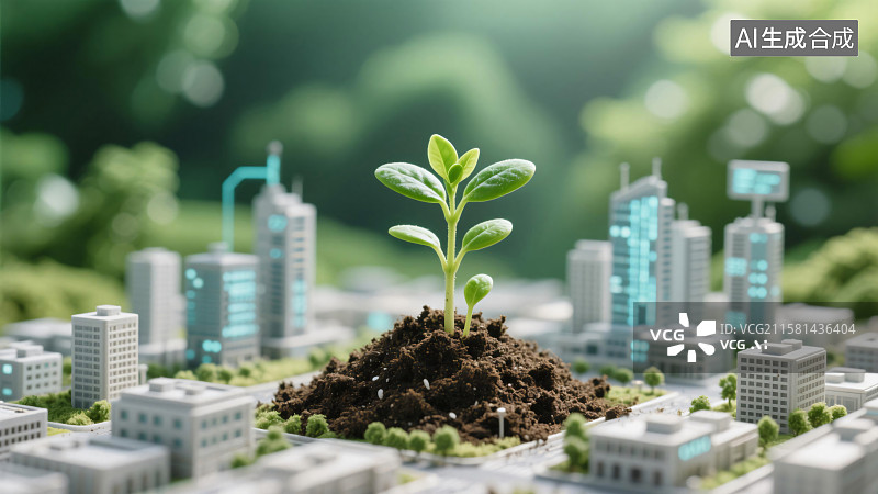 【AI数字艺术】城市中绿色幼苗生长场景图环保主题插画图片素材