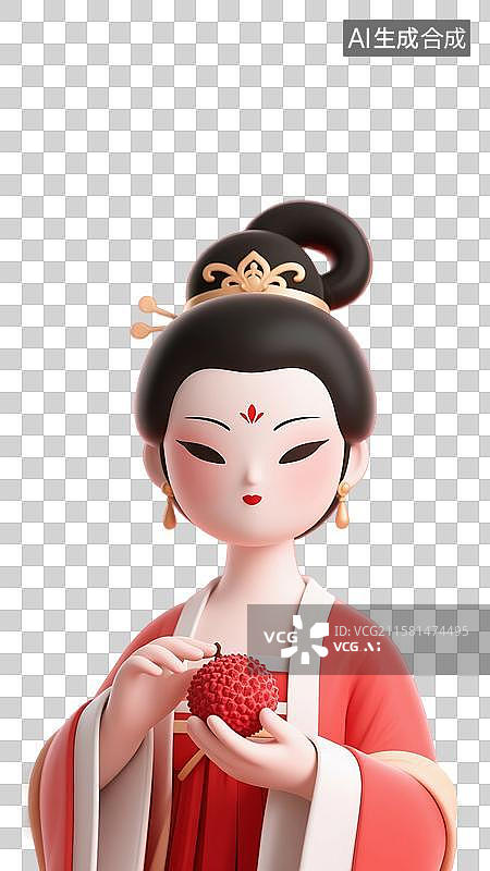 【AI数字艺术】3D渲染古代卡通人物，杨贵妃吃荔枝，唐朝美女，传统服饰，汉服，杨玉环，一骑红尘妃子笑，无人知是荔枝来图片素材