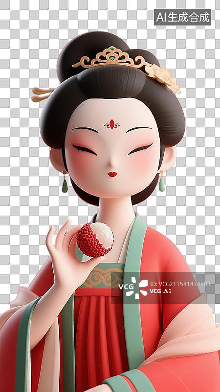 【AI数字艺术】3D渲染古代卡通人物，杨贵妃吃荔枝，唐朝美女，传统服饰，汉服，杨玉环，一骑红尘妃子笑，无人知是荔枝来图片素材