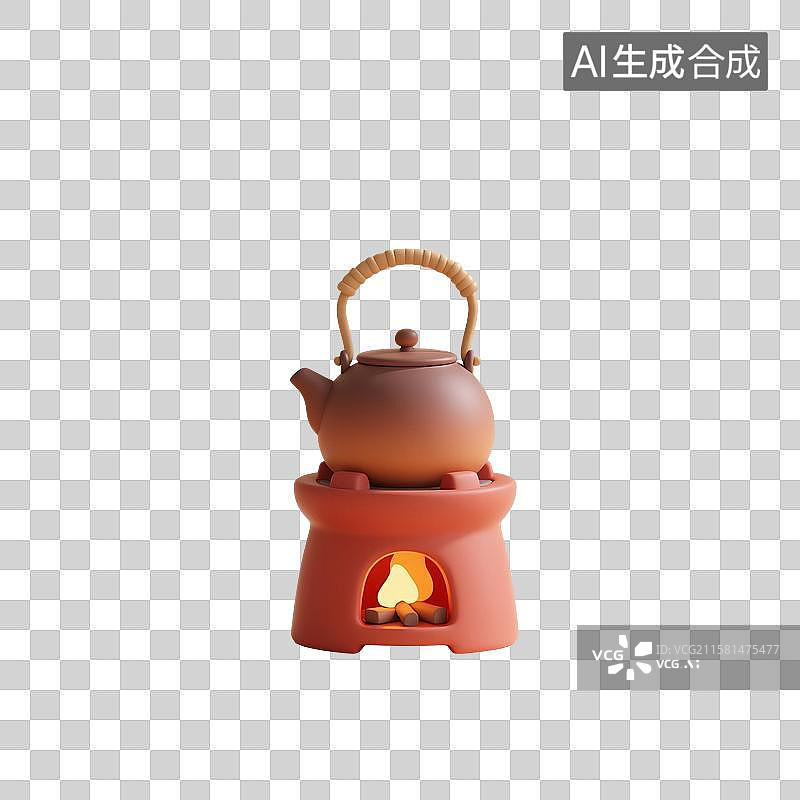【AI数字艺术】3D渲染，潮汕工夫茶，红泥小火炉，围炉煮茶，烧水烹茶，茶文化，免抠元素图片素材