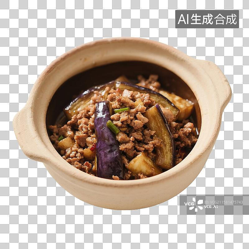 【AI数字艺术】家常菜，下饭菜，肉末茄子，茄子煲，砂锅里的油焖茄子图片素材