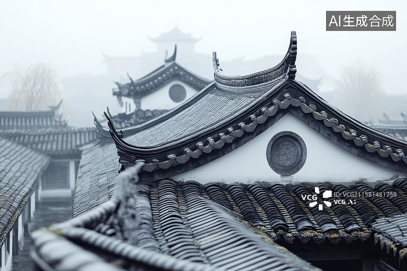 【AI数字艺术】雾中古建筑屋顶的精致细节图片素材