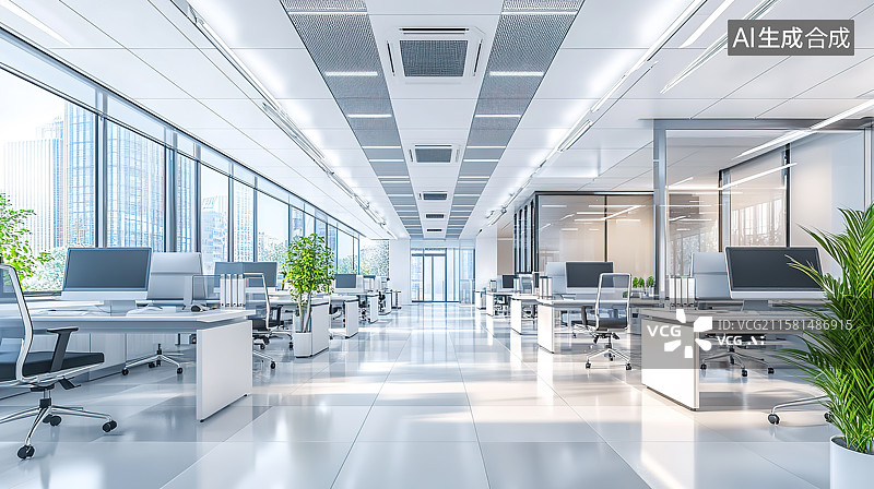 【AI数字艺术】白色明亮的开放式办公室室内空间图片素材