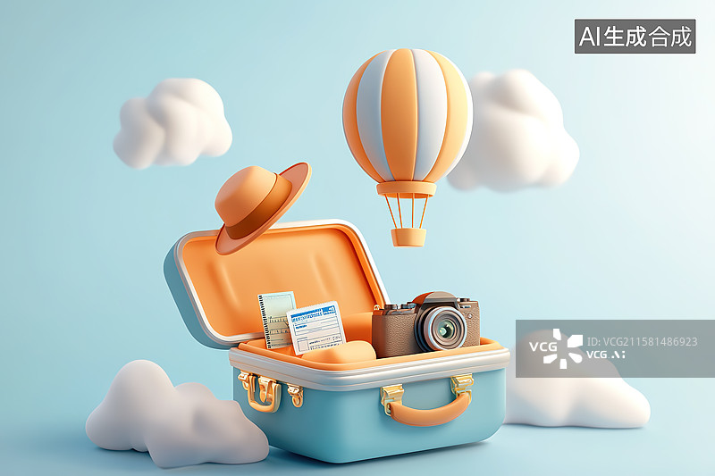 【AI数字艺术】3D卡通风格旅行箱热气球旅行概念插画图片素材
