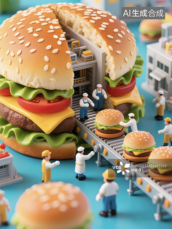 【AI数字艺术】汉堡包工厂流水线后厨制作快餐图片素材