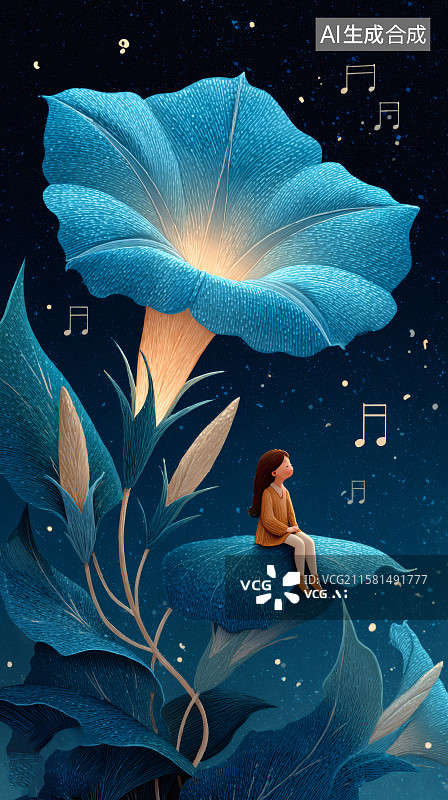 【AI数字艺术】一朵喇叭花下坐着一名小女孩，美丽的音符图片素材