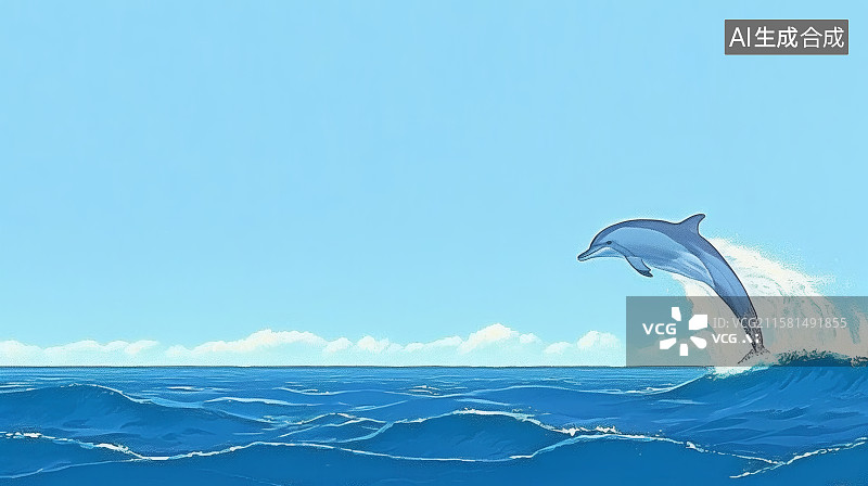 【AI数字艺术】蓝蓝的天空，一只海豚跃出水面，左边留白图片素材
