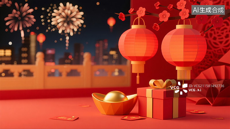 【AI数字艺术】金元宝礼盒红包灯笼城市夜景新年三维图图片素材