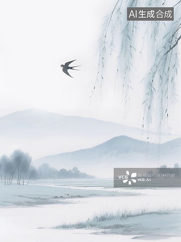 【AI数字艺术】水墨风格春景中飞翔的燕子图片素材