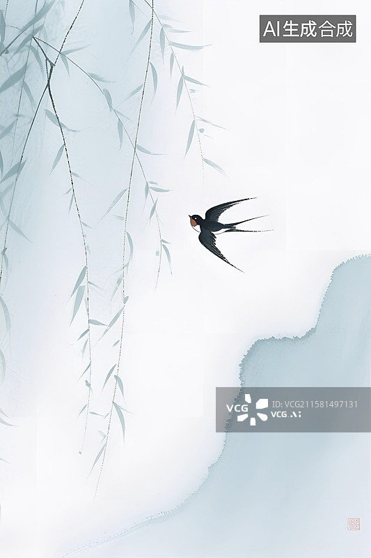 【AI数字艺术】水墨风格春景中飞翔的燕子图片素材