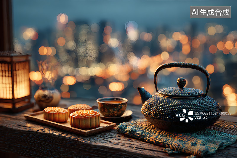 【AI数字艺术】国潮风，桌面上摆放的月饼与茶壶图片素材