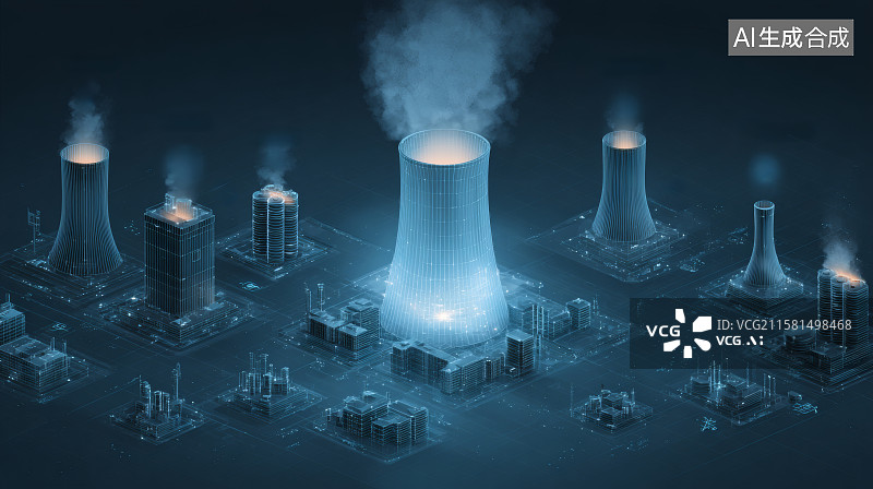 【AI数字艺术】一座核动力发电站，巨大的烟囱冒着热气图片素材