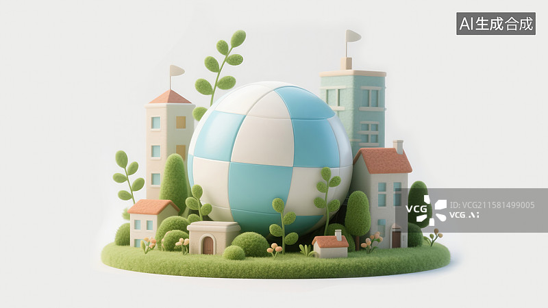 【AI数字艺术】生态球3D城市可持续发展世界环境保护日创意抽象商业背景球体绿色建筑植物环保概念海报封面图片素材