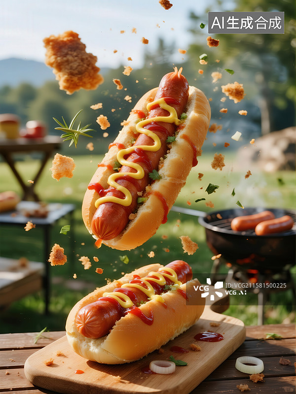 【AI数字艺术】热狗飞舞，户外烧烤派对图片素材