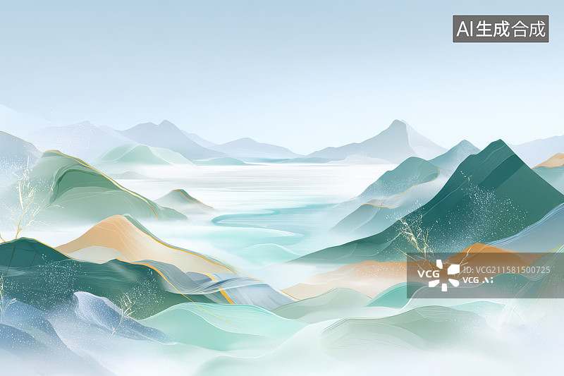 【AI数字艺术】青绿山水波纹抽象装饰画图片素材