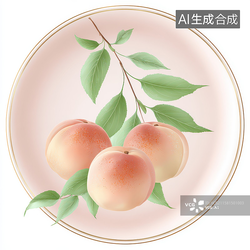 【AI数字艺术】盘中水蜜桃与翠绿叶片静物图片素材