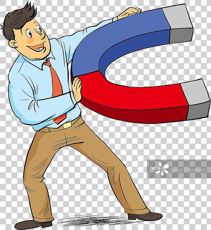 一个商务男士拿着磁铁吸引人才和财富图片素材