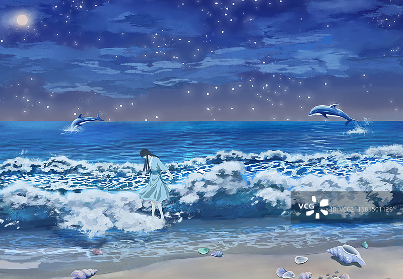 夜晚海边脚踏浪花的女孩图片素材