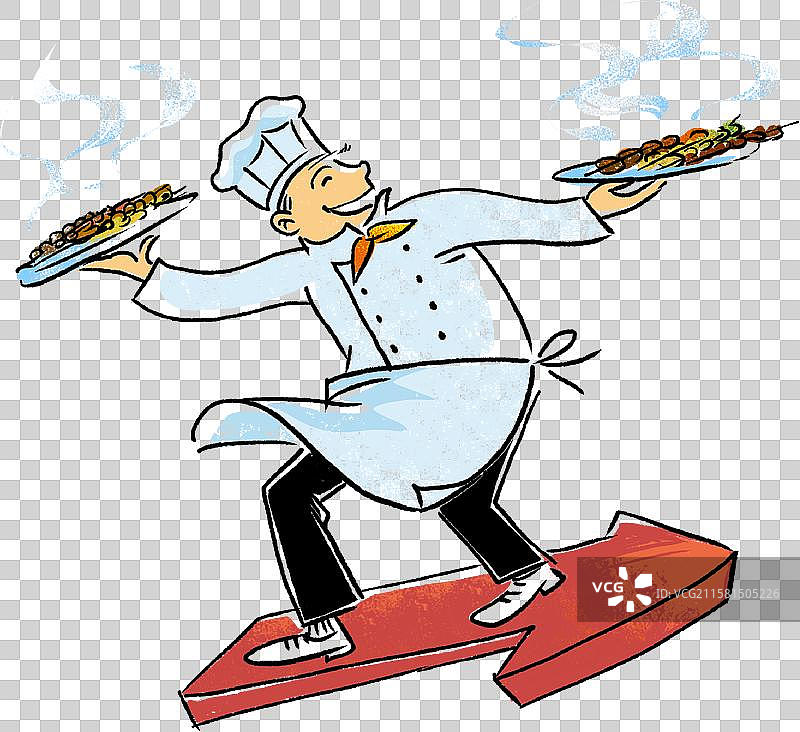 快乐的厨师大师傅，手中拿着烤羊肉串，踩在红色代表上涨的箭头上图片素材